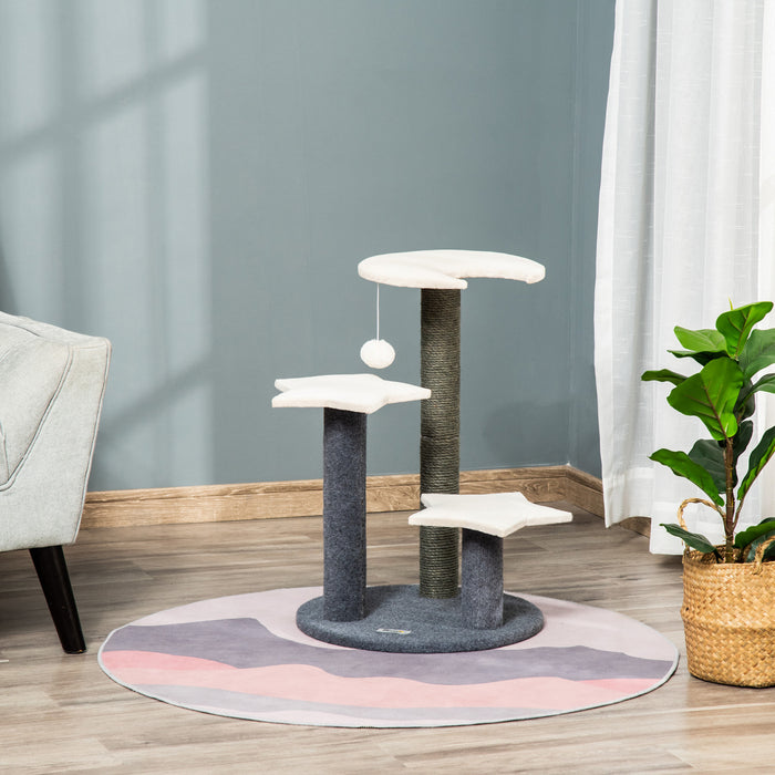 Pawhut 30\" Cat Tree Kitty Activity Center Climbing Toy Rest Pet Furniture With Sisal Scratching Post Moon Star Shaped Perch Hanging Ball Grey, White