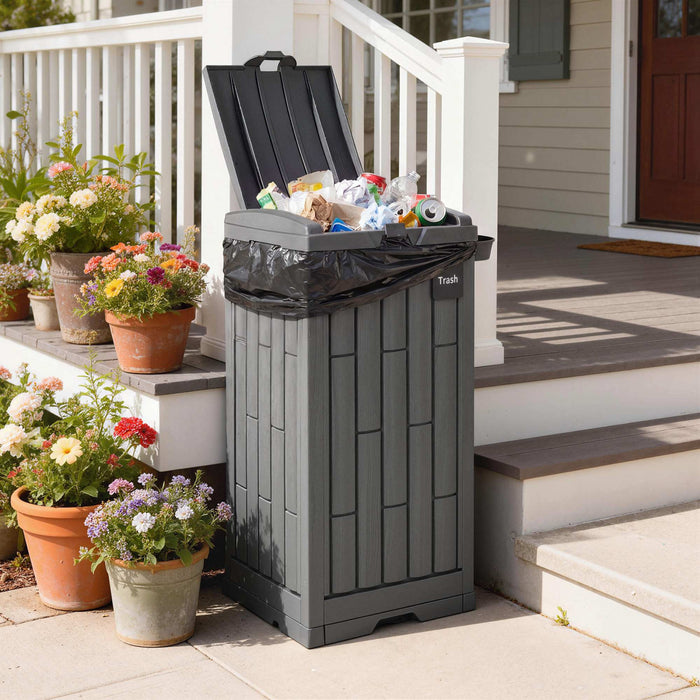 Outsunny 29 Gallon Outdoor Garbage Bin with Dual Lid and Side Holder, Waterproof Plastic Garbage Can with Drip Tray, Outdoor Waste Trash Can for Patio, Backyard, Garden, Grey
