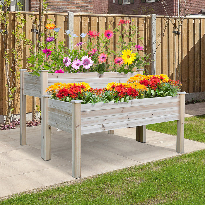 Outsunny 2 Tiers Raised Garden Bed, Wooden Elevated Planter Box With Legs Gardening Planting Bed With 2 Compartments For Flower Vegetable Herb Grow, Natural