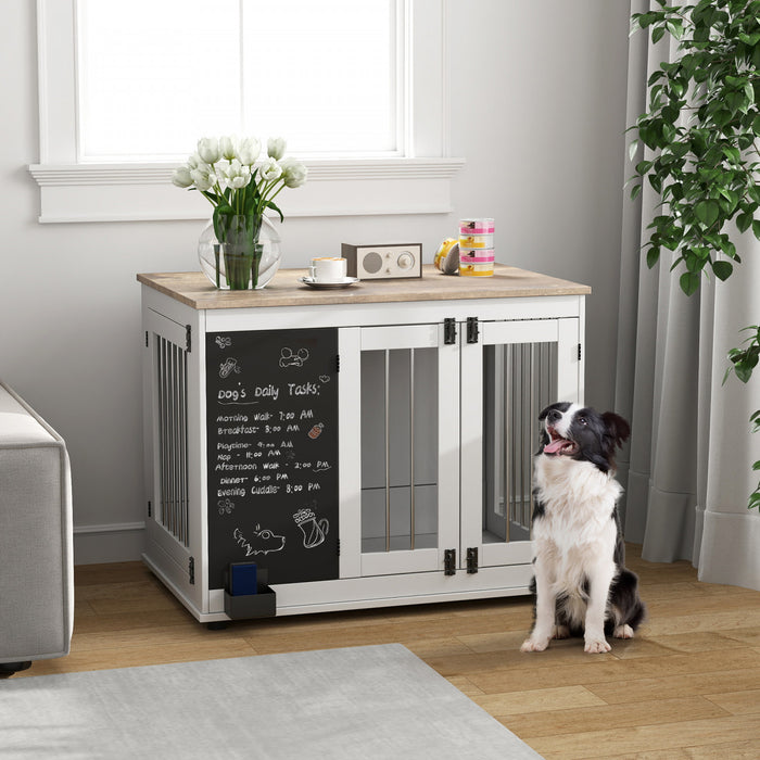 Pawhut 39in Dog Crate Furniture, Dog Cage End Table With Three Doors, Blackboard, Non-slip Foot Pads, Dog Cage For Middle And Large Dogs, White