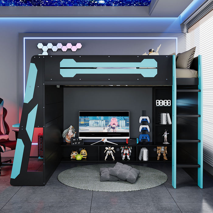 Olivia Wood Loft Bed with Desk and Multi-storage Shelves,RGB Light,Blue Full Bed