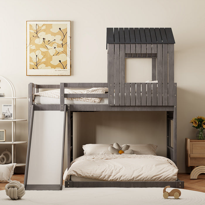 Marico Twin Over Solid Wood Full Bunk Bed With Slide, Playhouse Design, Antique Grey