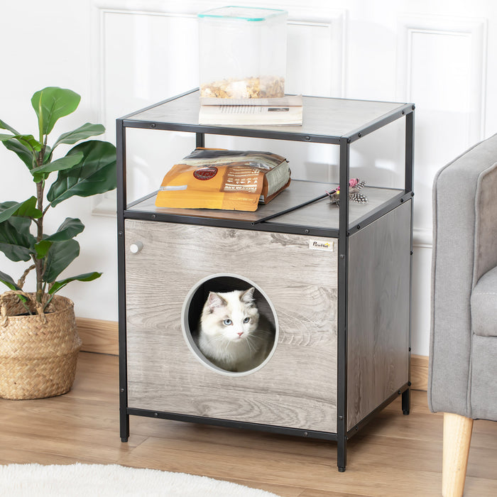 Pawhut Wooden Cat House Kitty Shelter Bed With Washable Cushion And Open Shelf, Grey, 19\" X 15.75\" X 25.75\"