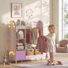 Qaba Kids Clothing Rack, Kids Wardrobe with Glowing Bulb Lights Mirror, Non-Woven Drawer and Shelves for Bedroom, Coat Rack for Ages 3-8, Pink