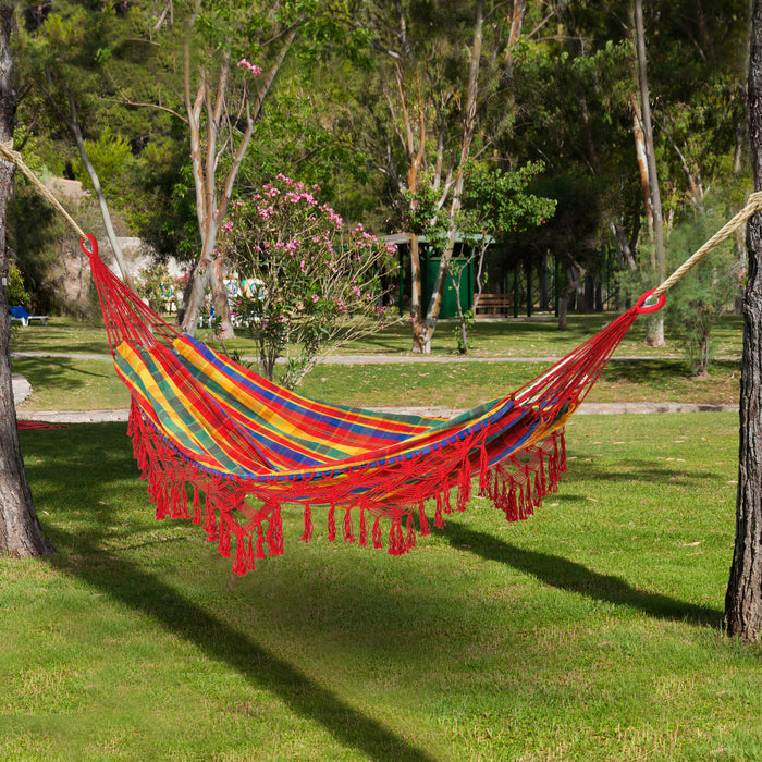 Outsunny Brazilian Style Outdoor Hammock Extra Large Cotton Hanging Camping Bed With Carrying Bag, For Patio Backyard Poolside, Rainbow Stripe