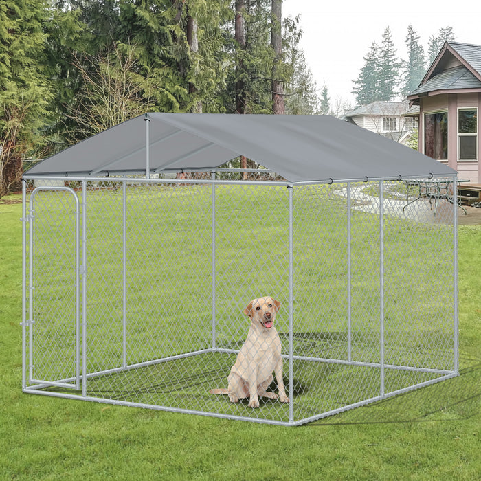 Pawhut Dog Kennel Outdoor Run Fence With Roof, Steel Lock, Mesh Sidewalls For Backyard & Patio, 9.8' X 9.8' X 7.7'