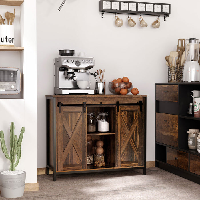 HOMCOM Industrial Sideboard Buffet Cabinet with Barn Doors Rustic Brown