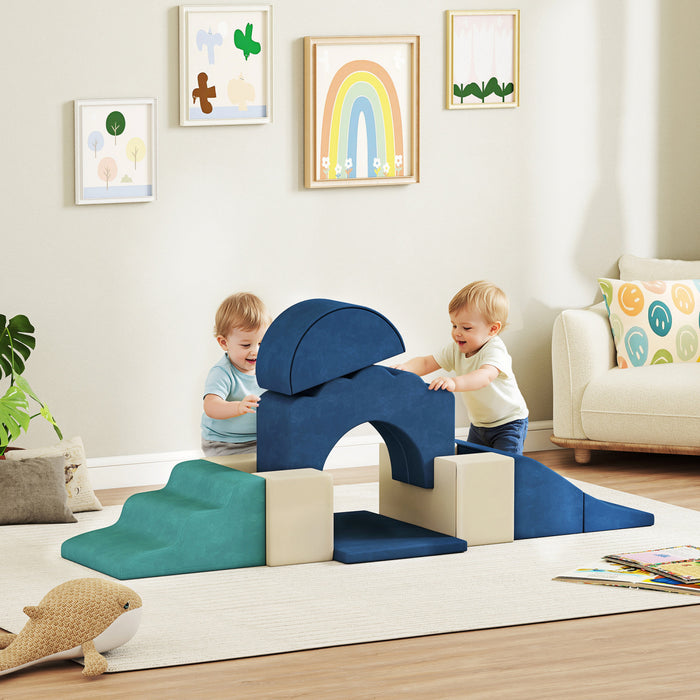 Qaba Baby Soft Play Set, 7-piece Foam Climbing Blocks Set, Indoor Soft Play Gym Activity Play Set For Crawling, Sliding And Playing, Navy Blue