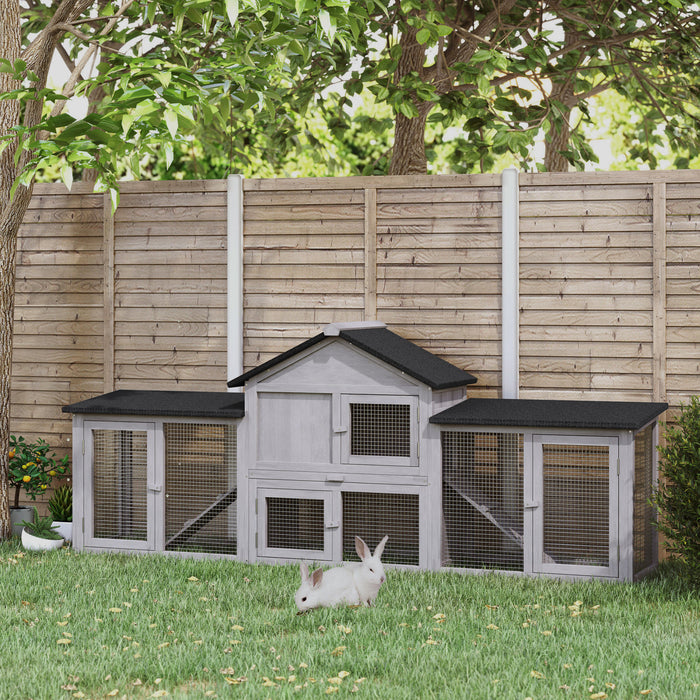 PawHut Large Rabbit Hutch Wood Bunny Cage Outdoor Guinea Pig House with Double Runs Slide Out Tray Ramps, 83\"x18\"x33\", Grey