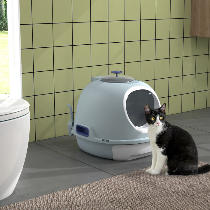 Pawhut Enclosed Cat Litter Box, Covered Litter Box With Lid And Scoop, Cat Box Enclosure With Pull-out Drawer Type, Front Door And Skylight, Easy To Clean, Blue