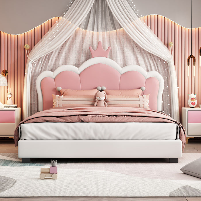 Judson Upholstered Princess Bed With Crown Headboard And Pu Platform Frame,full Size,cream Full Bed