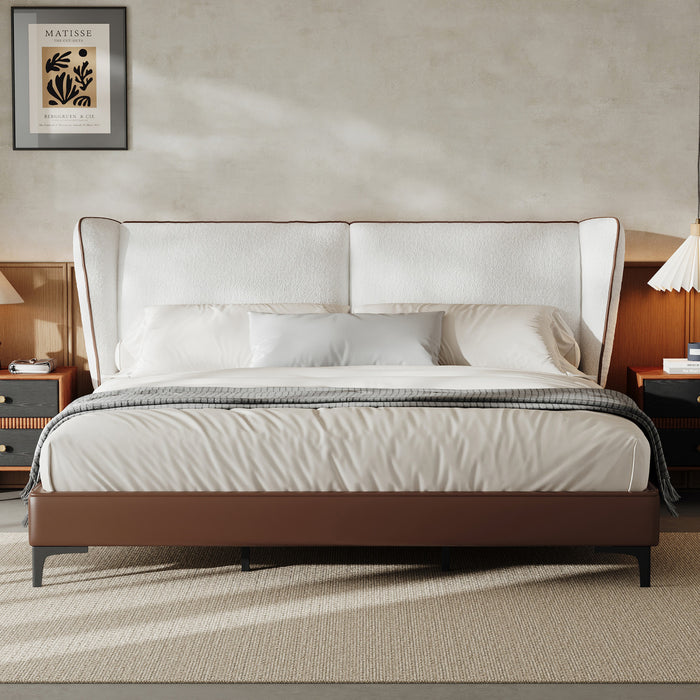 Ava Teddy Fleece Platform Bed with Wingback Headboard and Faux Upholstered, King Size, White King Bed