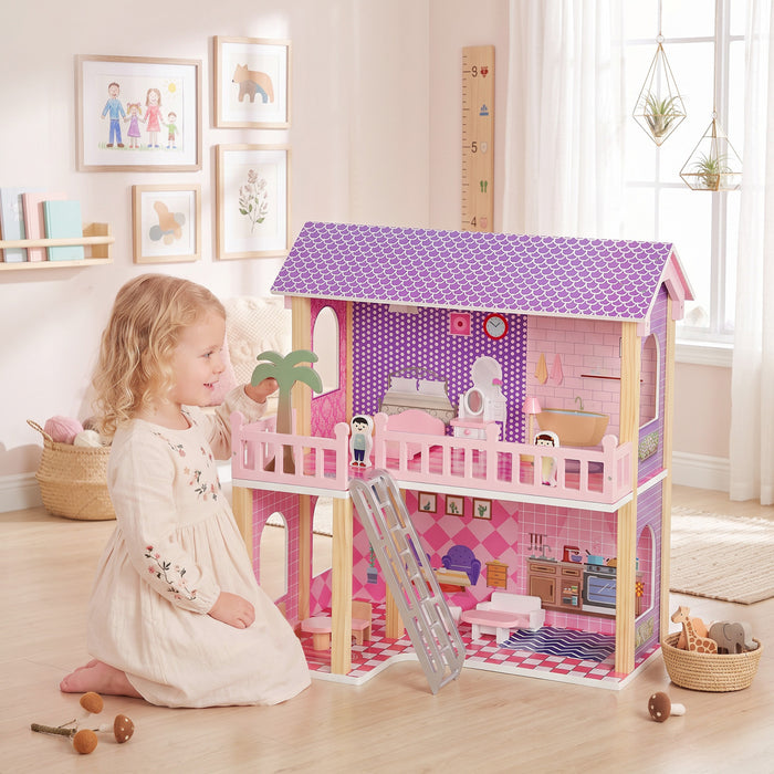 Qaba Wooden Doll House for Girls with 5 Rooms, Dolls and Furniture, DIY Dollhouse Playset, Pretend Play Toy Gift for Kids Ages 3-6, Pink