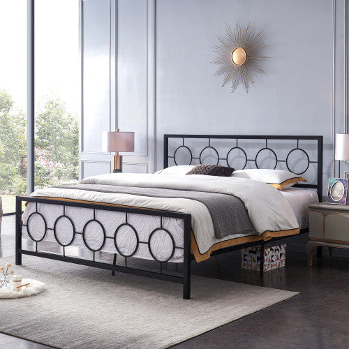 Robert Metal Construction Bed Frame With Circular Design Headboard And Footboard,king Size,black King Bed