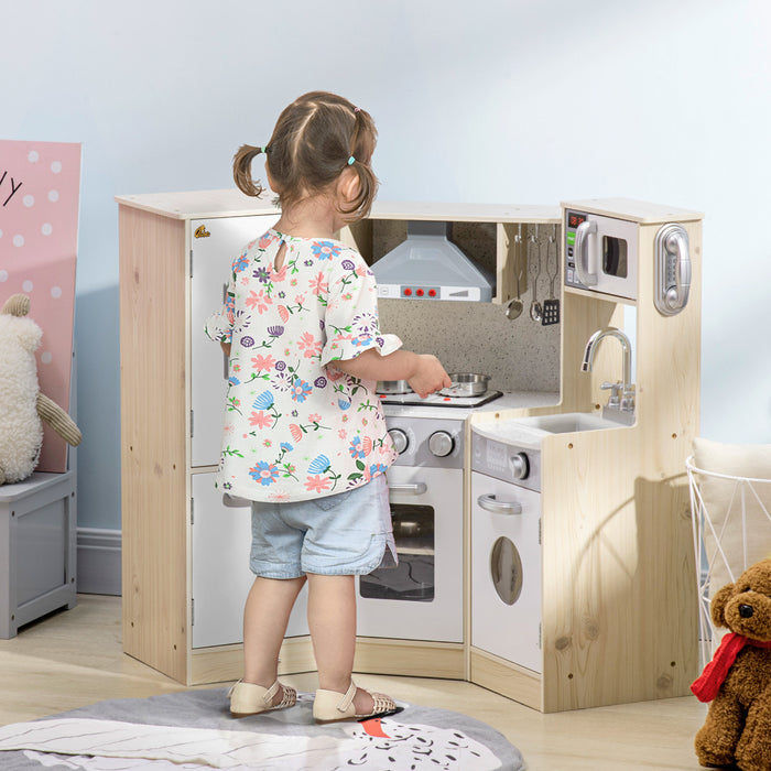 Qaba Wooden Play Kitchen With Lights Sounds, Corner Kids Kitchen Playset With Play Phone, Ice Maker, Microwave, Range Hood, Refrigerator, Utensils, Gift For Ages 3-6 Years Old, White