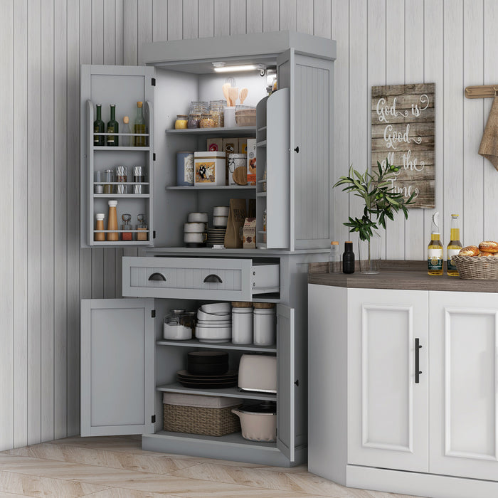 HOMCOM 71\" Kitchen Pantry Cabinet with Spice Racks and LED Lights, Grey