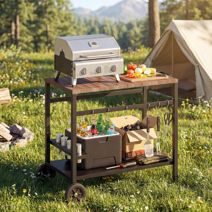 Outsunny Outdoor Grill Cart, BBQ Stand with 2-Tier Pizza Oven Stand, Beverage Holder, Hooks, Movable Food Prep Table on Wheels, Black and Brown