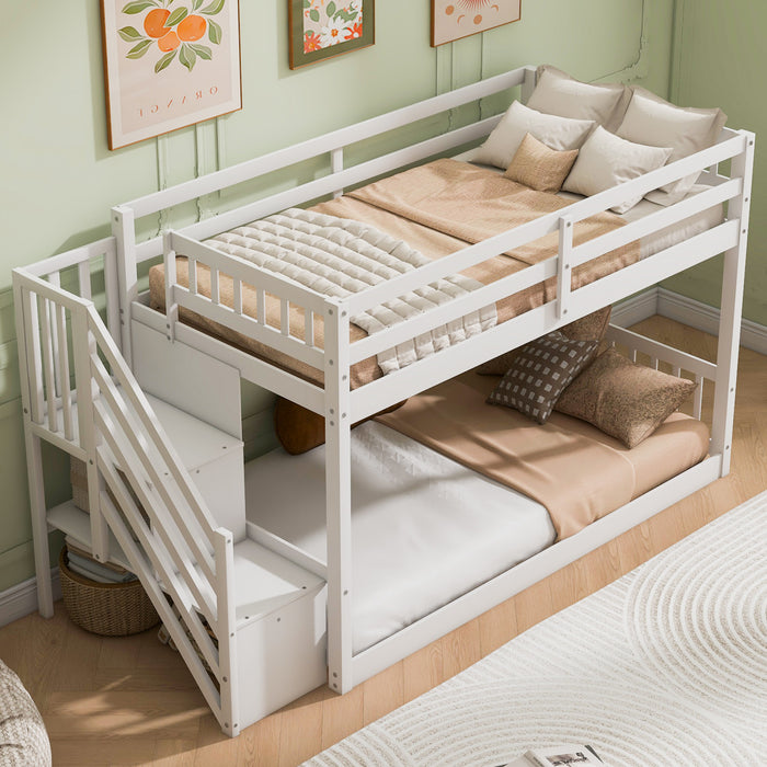 Liam Floor Bunk Bed with Ladder and Storage,Twin over Twin,White Twin Bed