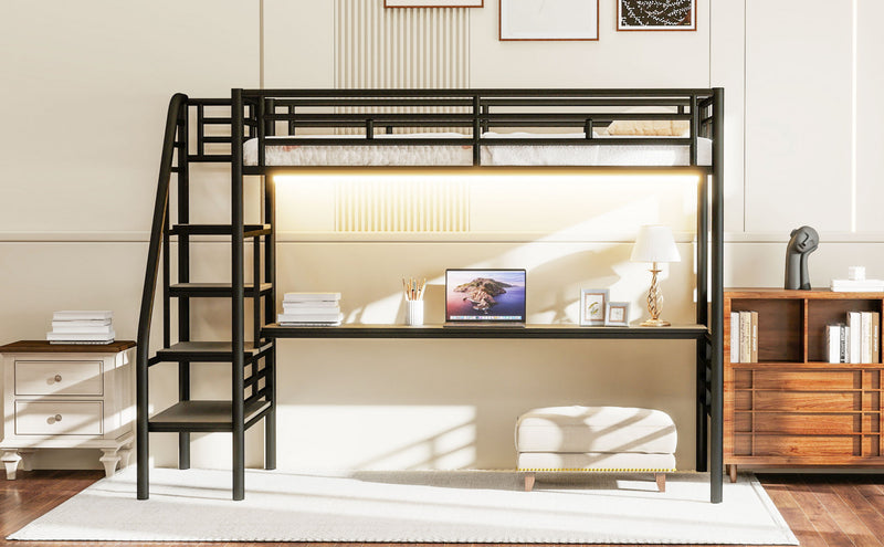 Cherry Twin Loft Space-saving Metal Bed With Desk, Led Light, Black