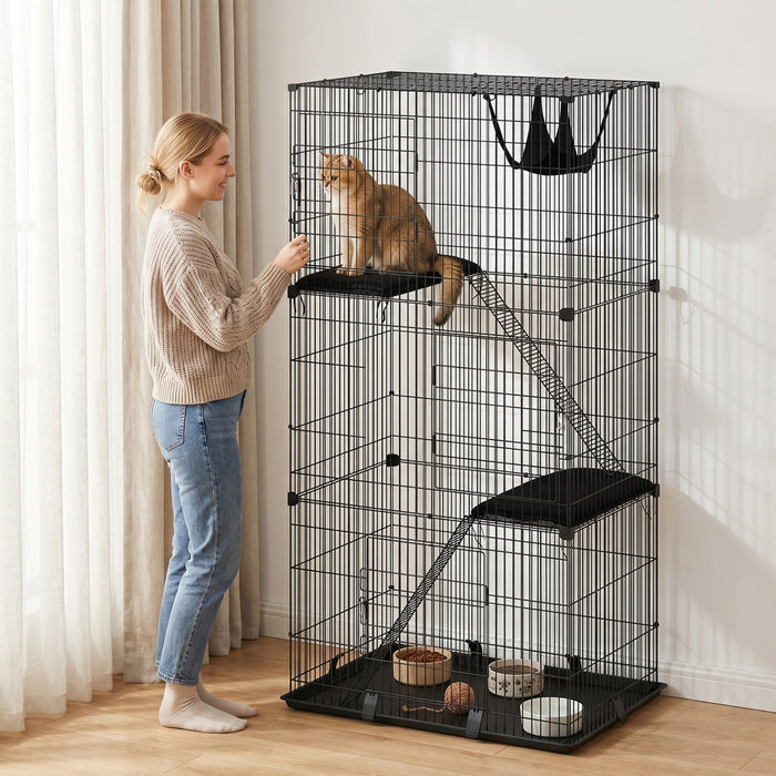 PawHut 3-Tier Cat Cage Indoor, Detachable Metal Wire Kennel with 3 Lockable Doors, Hammock, 2 Ladders, Platforms, Bottom Tray and Cushions for 1-2 Kittens, Black