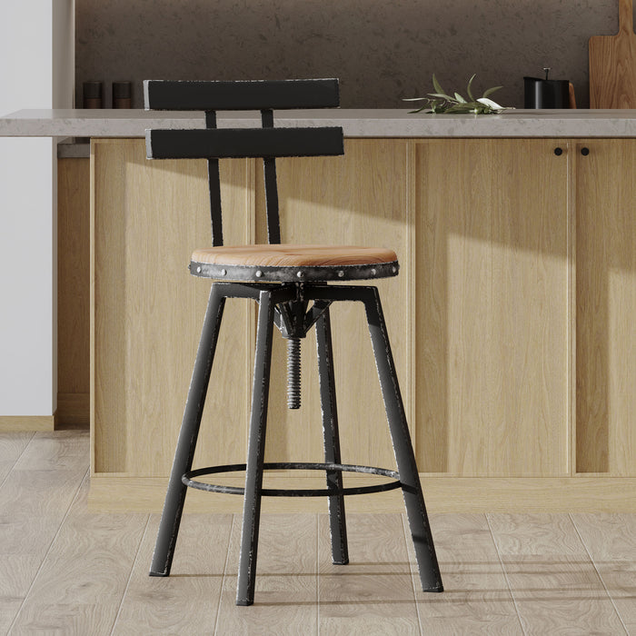 Denise Bar Stool With Swivel & Adjustable Wood Seat, Metal Frame - Antique Black