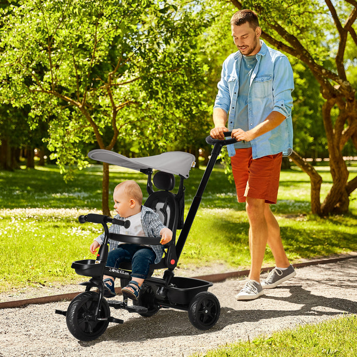 Qaba Kids Tricycle 4 In 1 Trike With Reversible Angle Adjustable Seat Removable Handle Canopy Handrail Belt Storage Footrest Brake Clutch For 1-5 Years Old Grey