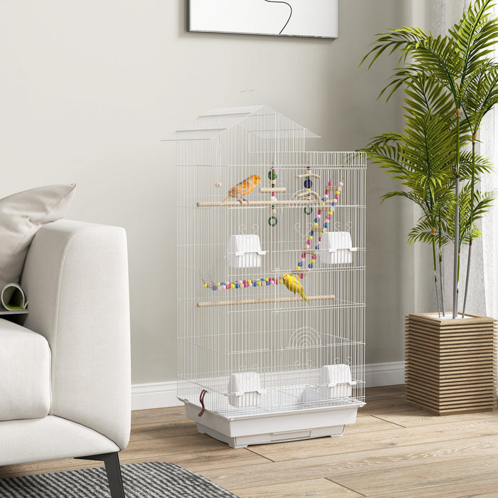 PawHut 39\" Bird Cage for Budgie, Cockatiel, Conure, Small Birds, Parrot Cage with Ladder, Swing, Toys, Perches, Tray, Feeding Bowls, Handle, White