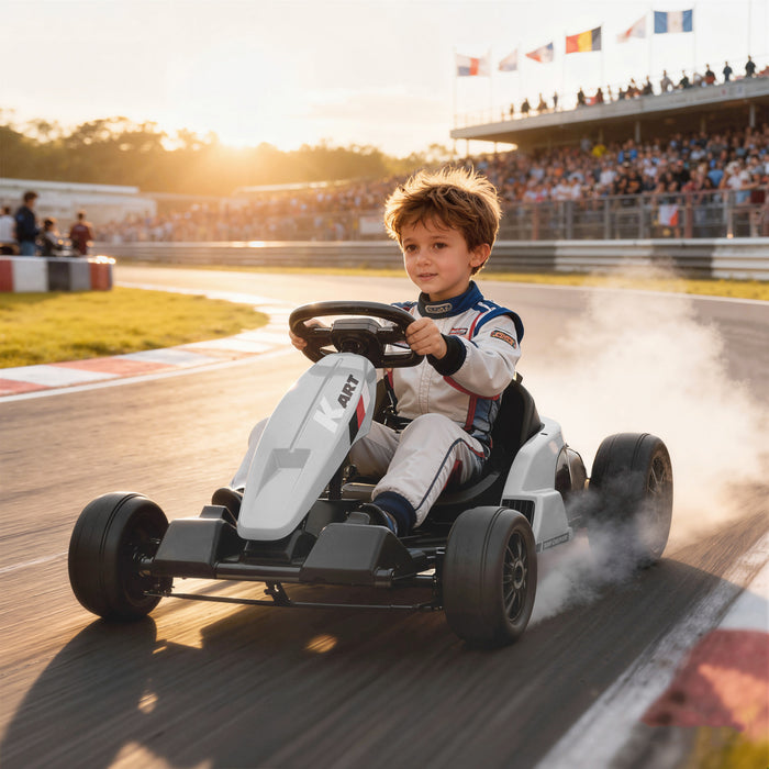 Qaba Electric Go Kart, 24V 9Ah Big Battery, Kids Drift Kart with Dual 150W Motors, Adjustable Seat & 11.2MPH High Speed, Slow Start, 5-Point Harness, for 6-12 Years, White