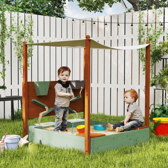 Qaba Kids Sandbox with Canopy, Sand Wall, Bottom Liner, 2 Storage Bins, Kids Outdoor Playset Sand Box for Backyard, Lawn, Garden, Beach, for 3-6 Years, 46\" L x 44\" W x 50\" H