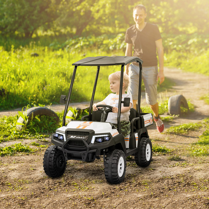 Qaba 2 Seater Electric Car For Kids, 24v Battery Powered Ride-On Kids Electric Car W/ Remote Control, 4 Wheels Spring Suspension, Soft Start, Storage, Sunshade, Music, Horn, Light, White