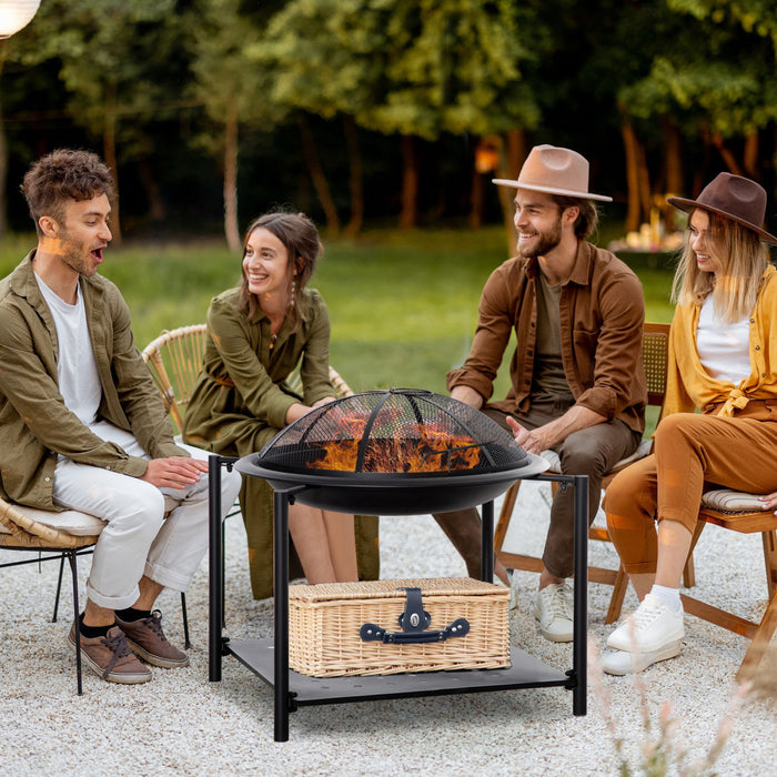 Outsunny 74cm Outdoor Fire Pit With Screen Cover And Storage Shelf, Wood Burning Fire Bowl With Poker For Patio, Backyard, Black