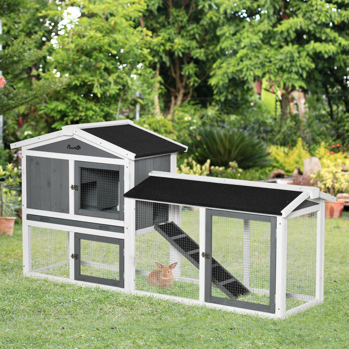 PawHut 69\" Wooden Rabbit Hutch Pet Playpen Bunny House Enclosure with Run Box, Slide-out Tray, Ramp, for Rabbits and Small Animals, White