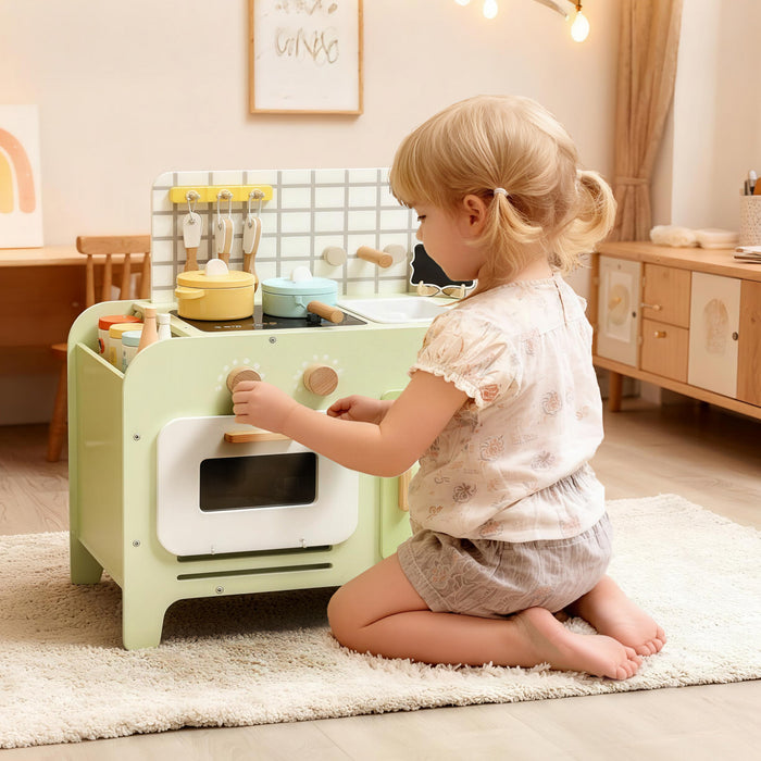 Qaba Kids Kitchen Playset, Play Kitchen, Toddler Pretend Cooking Toy Set with 15 Accessories, Microwave Oven, Cabinets, for Boys and Girls Ages 3+, Green