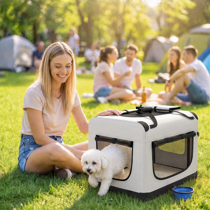 PawHut Pet Carrier Bag, Soft-Sided Dog Carrier for Small Dogs, Portable Pet Travel Bag with Security Buckle Strap, Mesh Windows, Washable Cushion and Bowl, Light Grey