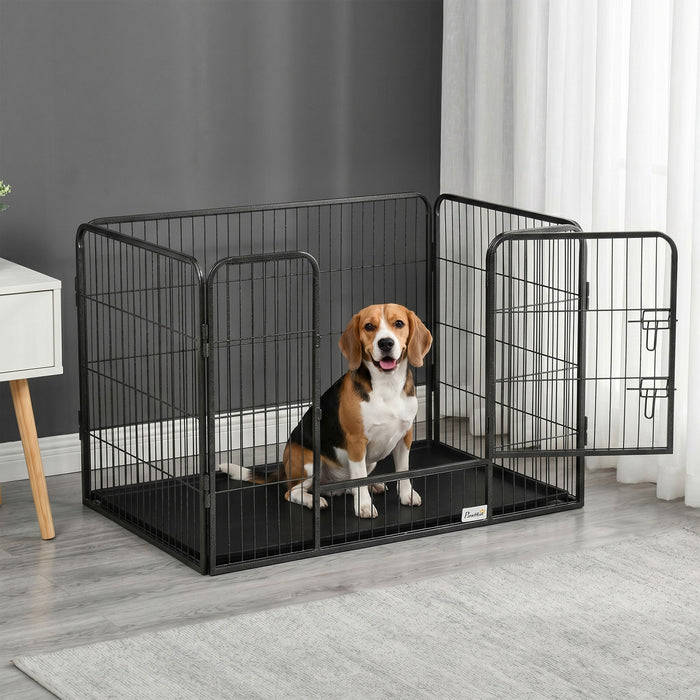 PawHut 4 Panels Dog Playpen, Heavy Duty Dog Fence, 28\" H Portable Pet Playpen with Door Double Locking Latches, No Leaking Tray for Indoor Outdoor Backyard Garden, Grey