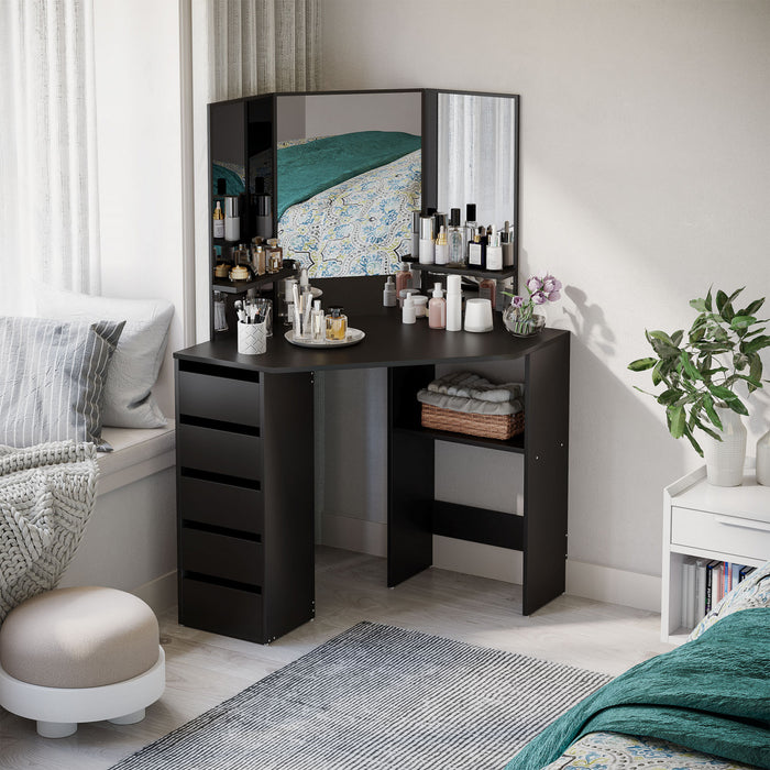 HOMCOM Corner Vanity Table, Makeup Desk with 3-piece Mirror and 5 Drawers