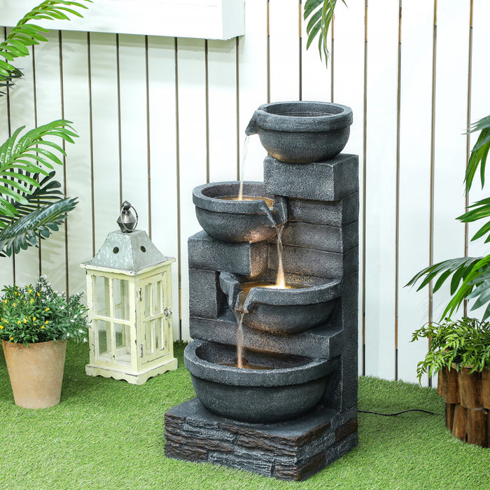 Outsunny Outdoor Water Fountain With Led, Cascading Bowls Waterfall, Grey