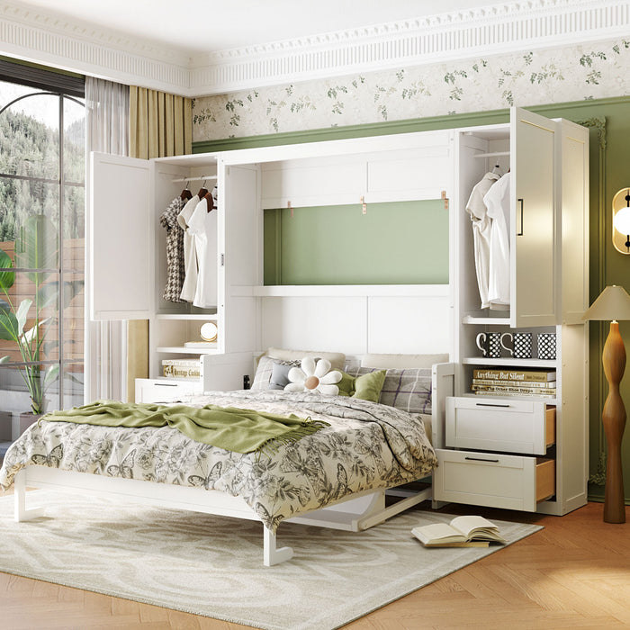 Maria Murphy Bed with Drawers and Shelves,Queen Size,White Queen Bed