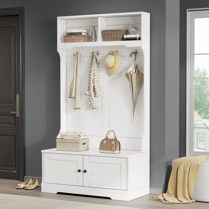 Ethan Hall Tree Coat Rack with Shoe Cabinet Hooks and Storage,White