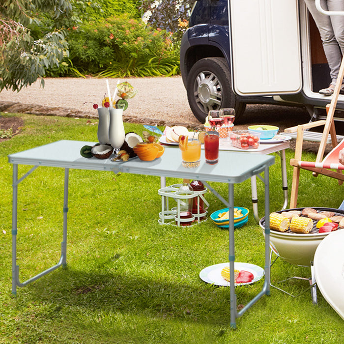 Outsunny 4ft Camping Table Foldable Picnic Garden BBQ Desk Indoor & Outdoor Folding Table with 2 Level Height Adjustable, Aluminum Frame and Carrying Handle, Silver