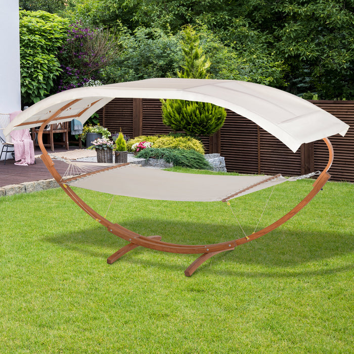 2 Person Wood Swing Arc Hammock Bed And Stand Set W/ Canopy White/teak