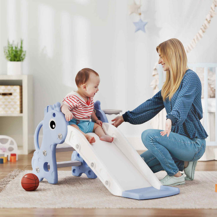 Qaba Toddler Slide, 3 in 1 Kids Slide for Toddler Aged 1-3 with Climber, Basketball Hoop and Ball, Baby Playset with Giraffe Design, for Indoor and Outdoor Play, Blue