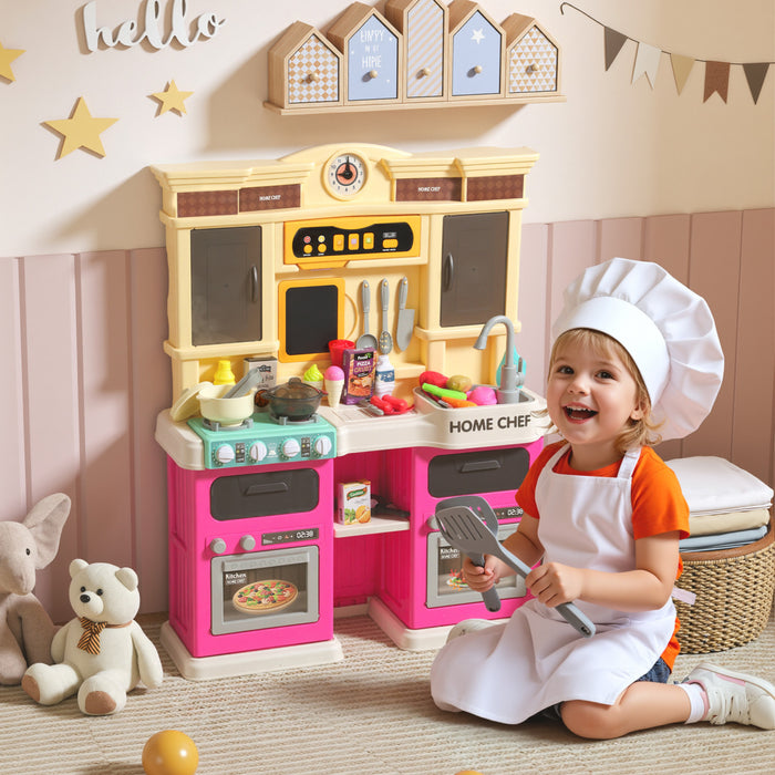 Qaba Kids Kitchen Playset for Toddler, Play Kitchen Set with Real Lights and Sounds, Sink, Stove, Clock, Cookware Accessories, Play Food Set for Aged 3-6 Years Old, Pink