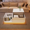 James Lift Up Coffee Table with Hidden Storage and LED Lighting,White | James table basse relevable – table avec rangement cache et eclairage LED, blanc