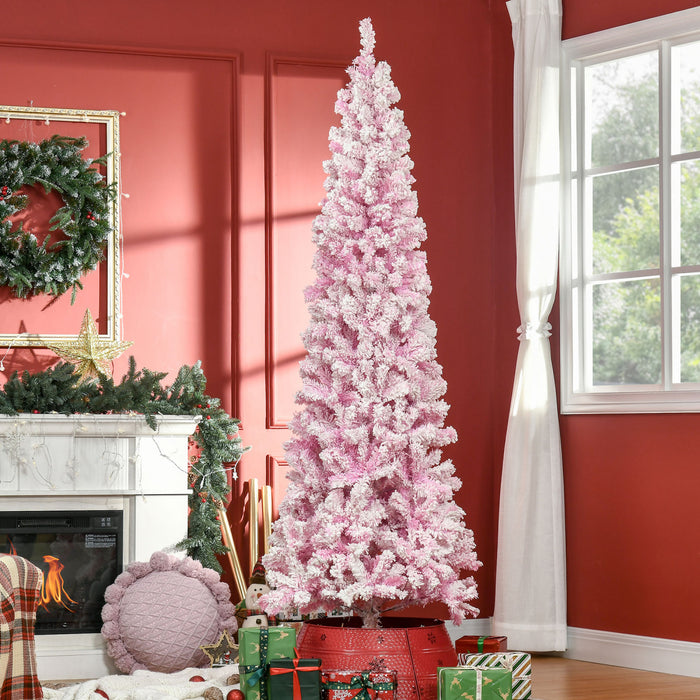 Homcom Snow Flocked Pencil Artificial Christmas Tree With Steel Base Pink