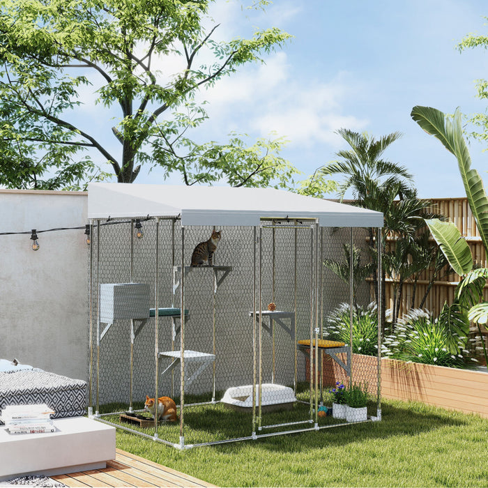 Pawhut Catio Outdoor Cat Enclosure Large, 79\" L Galvanized Steel Outdoor Cat House With 420d Waterproof Canopy, Multiple Platforms, Resting Condo, Lockable Door, For 1-3 Large Cats
