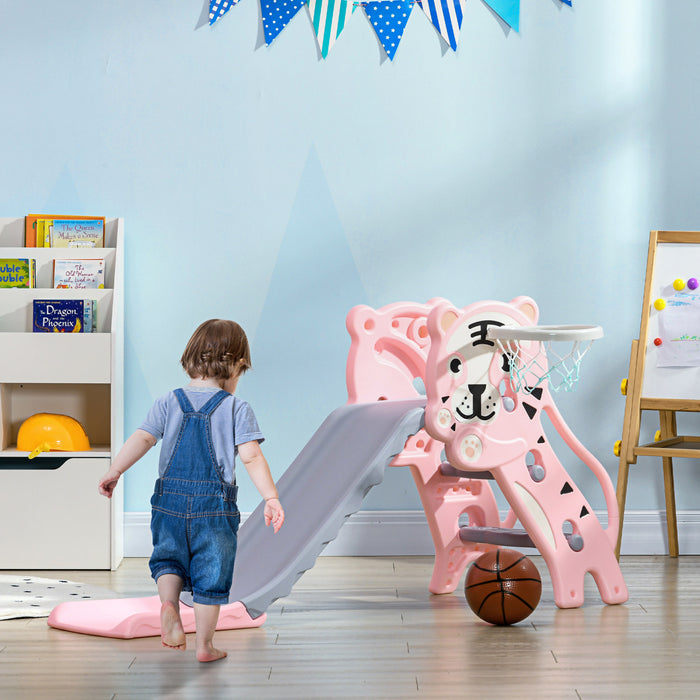 Qaba 2 In 1 Toddler Slide For Indoor, Easy Set Up Kids Slide Playset With Basketball Hoop For 18-36 Months, Tiger-designed Indoor Slide, Pink