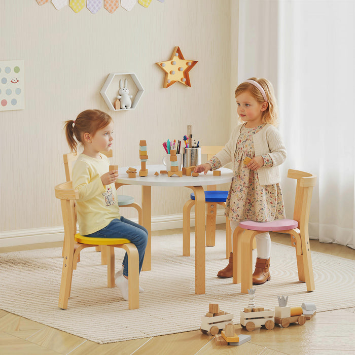 Qaba Kids Table and Chair Set, Wooden Toddler Table and 4 Chairs Set for Arts, Crafts, Drawing, Reading, for Playroom, Nursery, Classroom, for Boys Girls 3-8 Years, Multi-Coloured