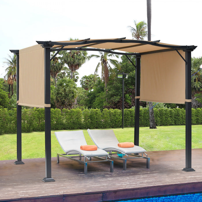 Outsunny 10' X 8' Outdoor Retractable Pergola Garden Gazebo With Two Adjustable Side Canopy Overhead Sun Shade Backyard Canopy Cover Khaki