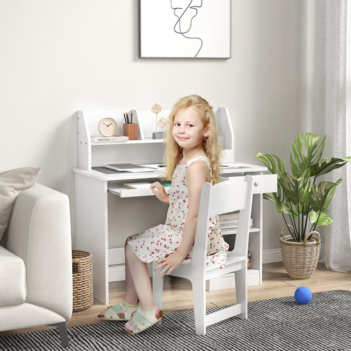 Qaba Kids Desk And Chair Set For 5-8 Year Old With Storage, Study Table And Chair For Children, White